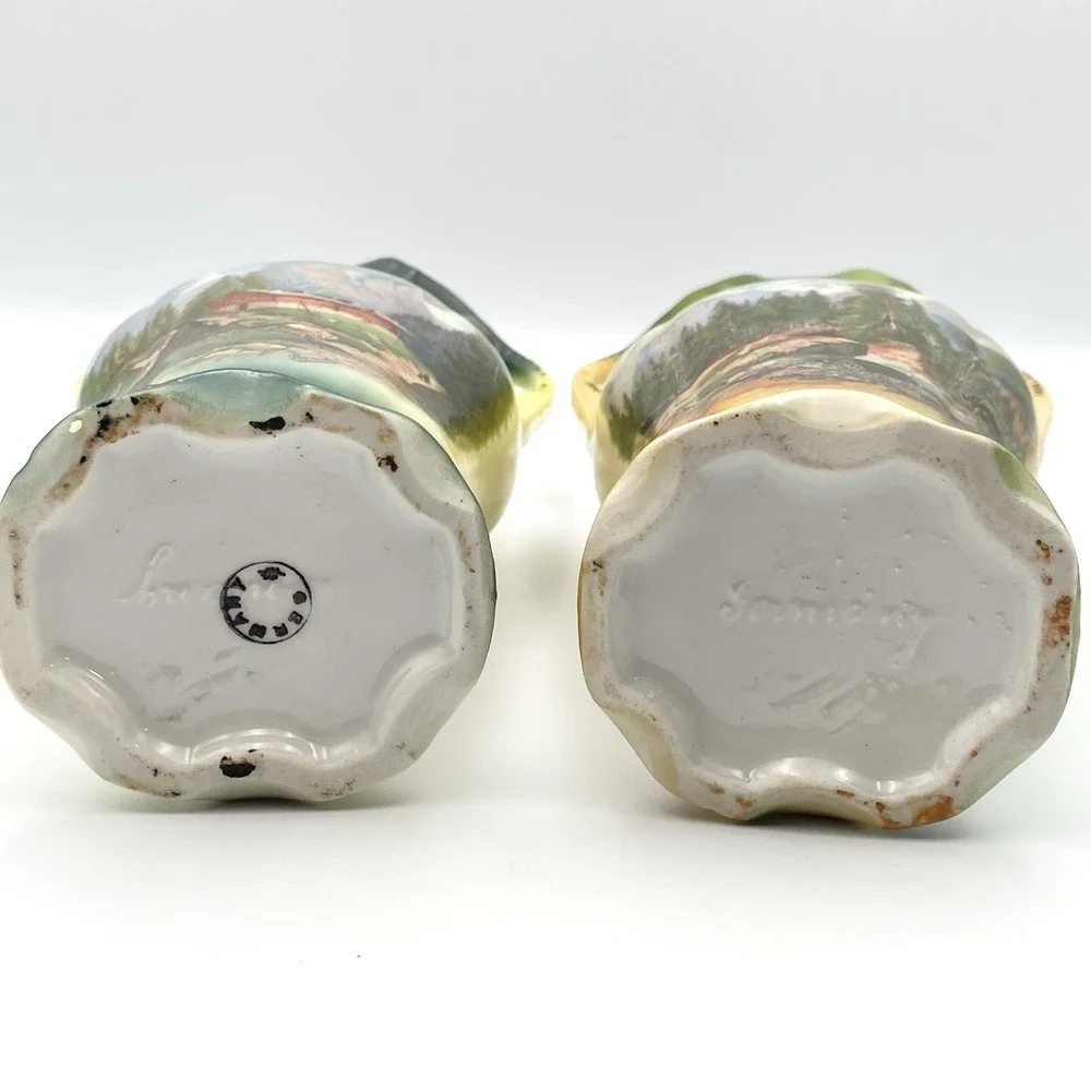 Antique Pair German Porcelain Scenic Mountain Landscape Double Handle Vases 10